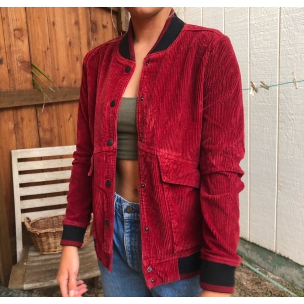 RVCA Corduroy Bomber Jacket Women Large 12 Red Black Trim Active Country Coat EC
